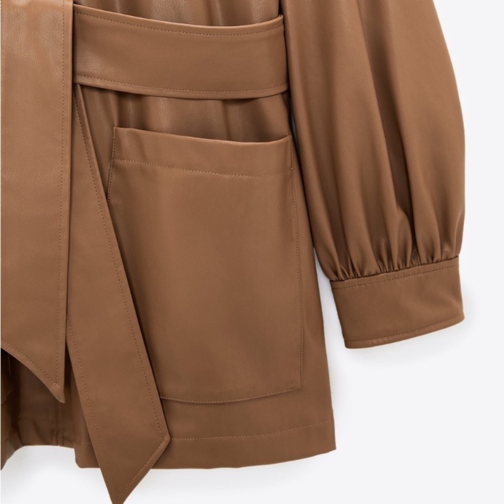 Zara Women’s Camel Faux Leather Belted Oversized Shirt Size Small! - Picture 7 of 13